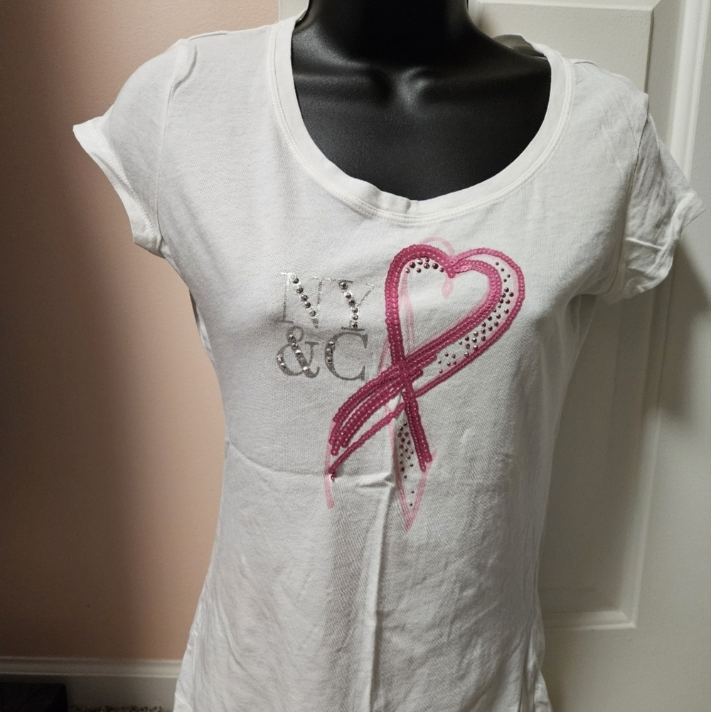 New York & Company White Short Sleeve Tee with Pink Ribbon Design